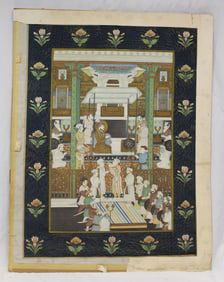 Large Middle Eastern watercolor on silk temple scene with men praying - unframed - 48"x37 1/2"