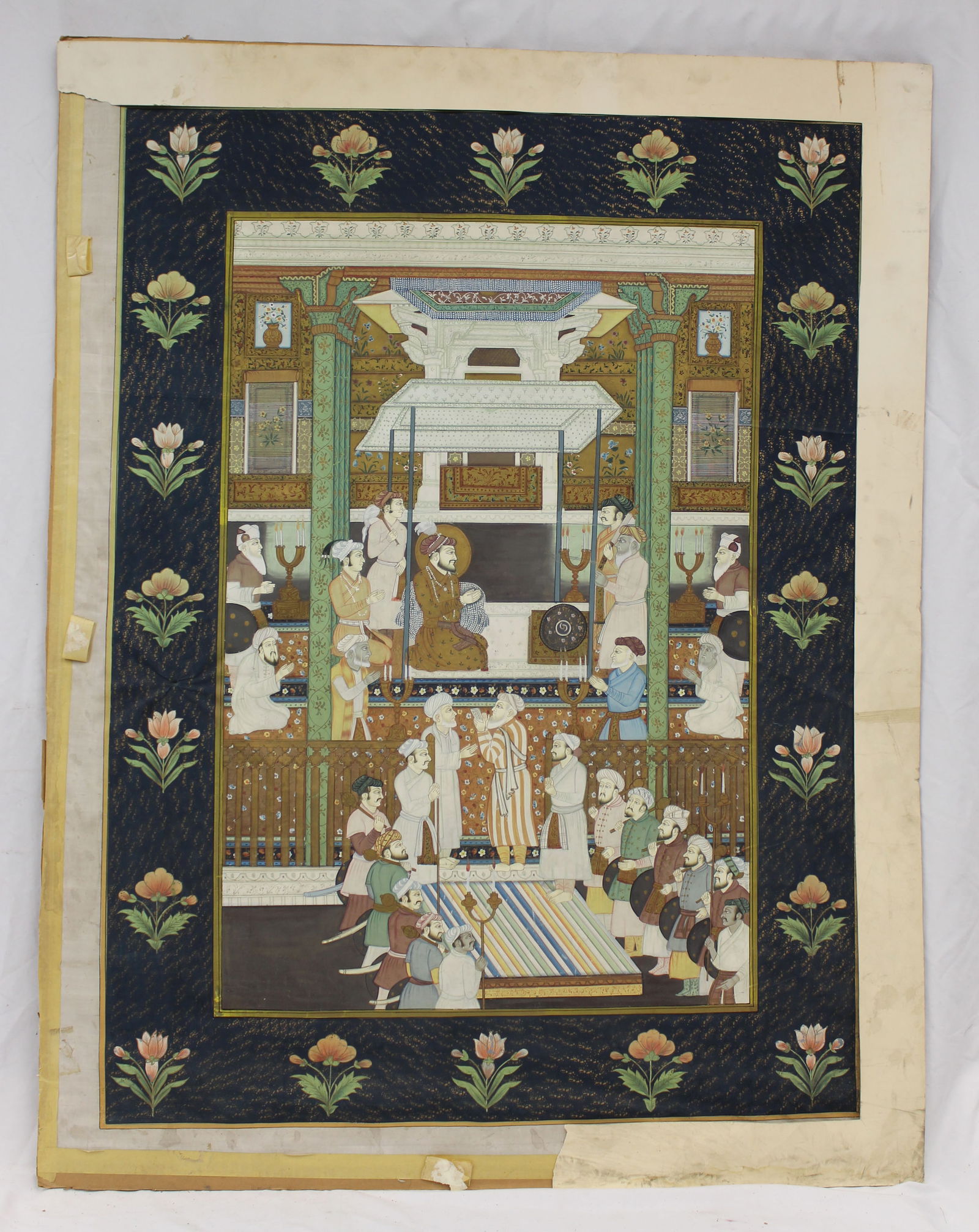 Large Middle Eastern watercolor on silk temple scene with men praying - unframed - 48"x37 1/2" (1 of 6)