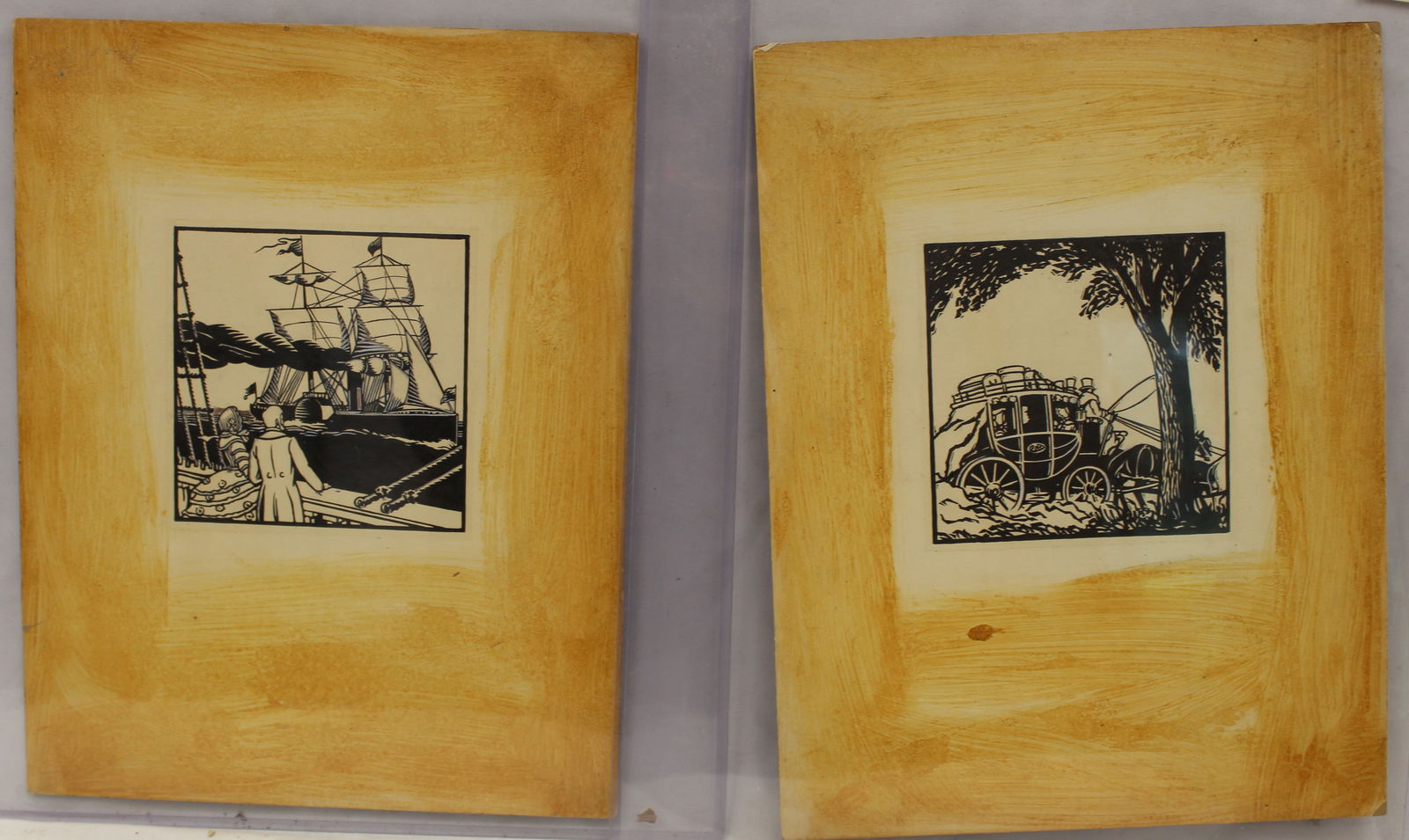 Pair of woodblock prints - a clippership w figures & a horse drawn carriage - unframed - 14 1/4"x11" (1 of 6)