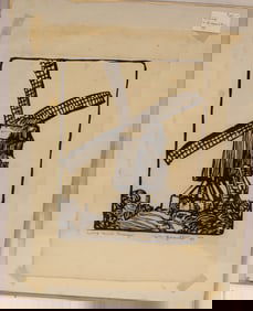 Pencil signed W.B. Hazelton woodblock titled "Wind Mill Bruges" dated '27 - unframed - 17"x13 1/2"