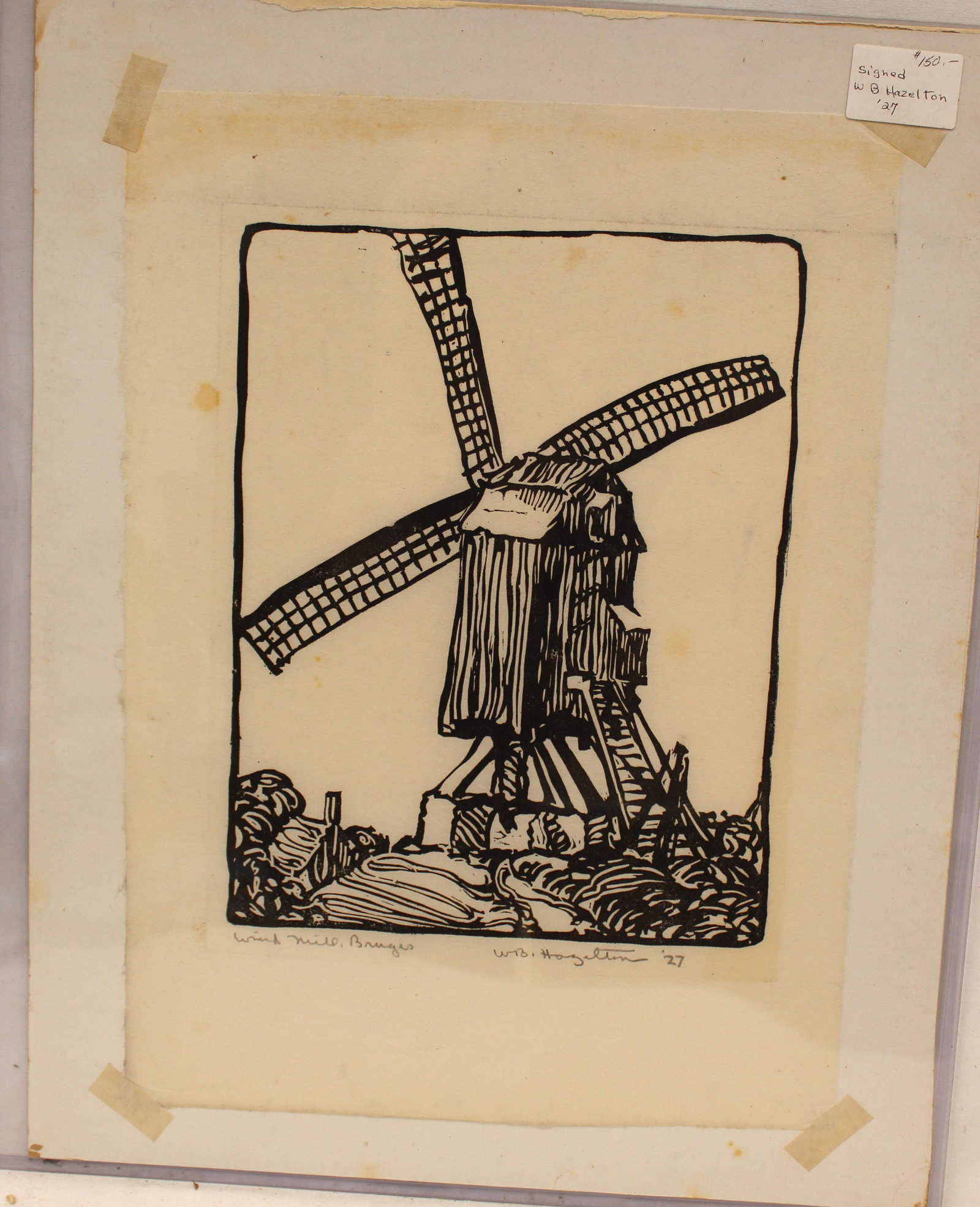 Pencil signed W.B. Hazelton woodblock titled "Wind Mill Bruges" dated '27 - unframed - 17"x13 1/2": Pencil signed W.B. Hazelton woodblock titled "Wind Mill Bruges" dated '27 - unframed - 17"x13 1/2"