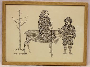 Signed Gutao ink & pencil drawing of an Inuit man & woman on a deer dated 2015 - overall framed size