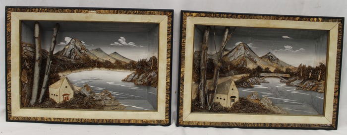 Pair of Asian diorama scenes using real barks & mosses - 14"x20"