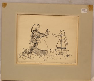 Pencil signed Alice Pauline Schafer artist proof titled "The Doll Lady" - unframed - matted 13"x15"