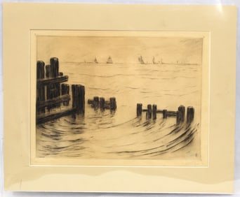 Pencil signed illegibly etching of sailboats on the ocean #'d 373 - unframed - matted - 17 1/2"x21