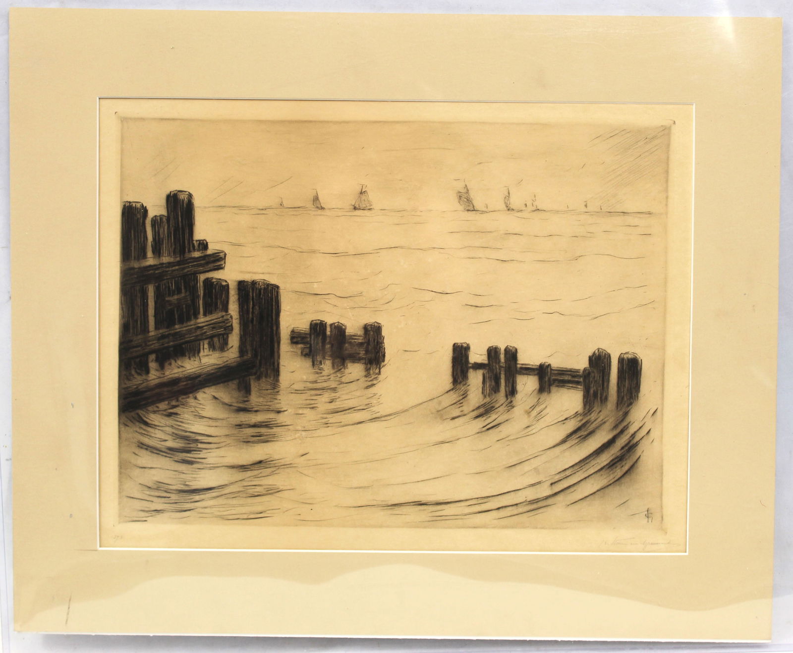 Pencil signed illegibly etching of sailboats on the ocean #'d 373 - unframed - matted - 17 1/2"x21 (1 of 5)