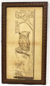 Unsigned sepia drawing of an owl w prey on a branch in nice carved antique frame - overall framed