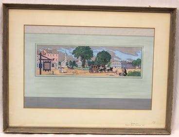 Signed Robert Homer Cumming gouache street scene "Court Square circa 1835" titled - dated 1955 -