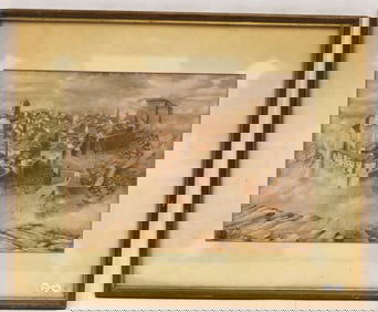 Signed Hackett watercolor of a city with wall around it dated '64 - overall framed size 14 3/4"x18