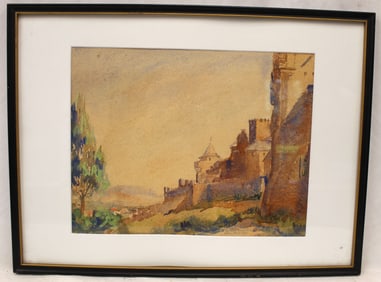 Signed Mary Cable Butler watercolor titled "Carcasonne Square Tower" - overall framed size 15