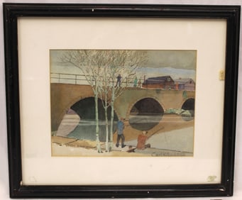 Signed Carl H Nordstrom watercolor of people fishing from a bridge - overall framed size 14 1/2"x17