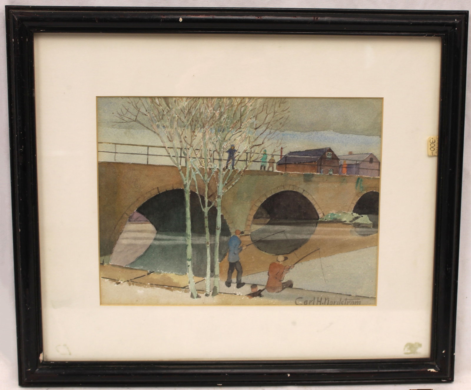 Signed Carl H Nordstrom watercolor of people fishing from a bridge - overall framed size 14 1/2"x17: Signed Carl H Nordstrom watercolor of people fishing from a bridge - overall framed size 14 1/2"x17 1/2"