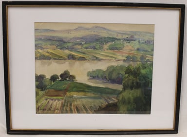 Signed illegibly watercolor riverscape inscribed on verso in a foreign language - 15 1/4"x20 1/4