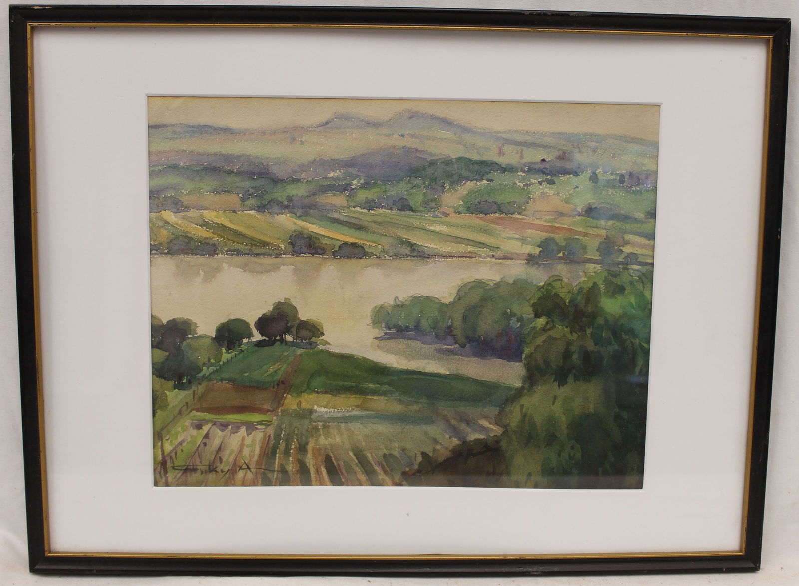 Signed illegibly watercolor riverscape inscribed on verso in a foreign language - 15 1/4"x20 1/4 (1 of 8)