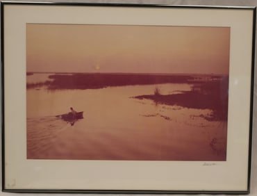 Pencil signed John A. Starkweather photo titled "Delta Sunset" with many exhibition labels on verso