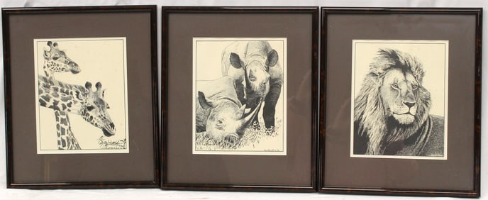 Lot of 3 David Bygott prints dated 1981 in matching frames - Lion, Giraffes & Rhinos - overall