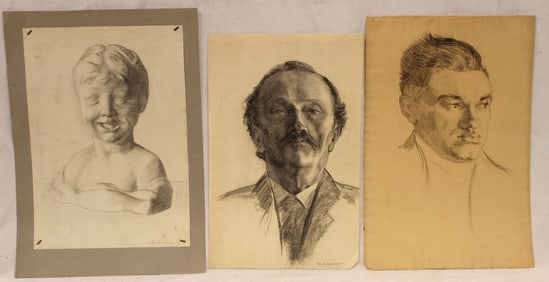 Lot of 3 Margaret Gould Harder charcoal drawings - busts/portraits - unframed - 17 1/4"x11"; 18
