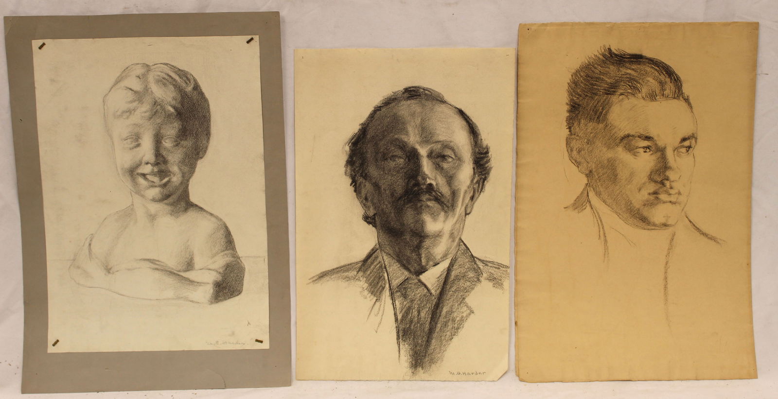 Lot of 3 Margaret Gould Harder charcoal drawings - busts/portraits - unframed - 17 1/4"x11"; 18 (1 of 6)