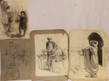 Lot of 4 Margaret Gould Harder charcoal drawings - 2 signed, 1 initialed - unframed - 24 1/4"x18
