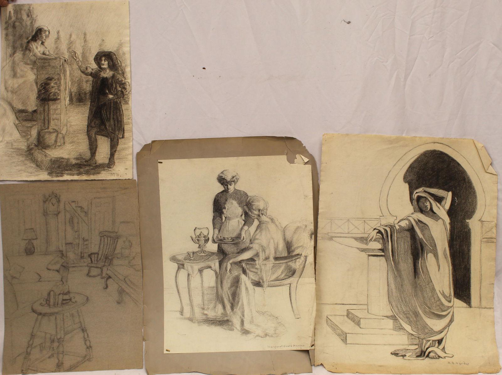 Lot of 4 Margaret Gould Harder charcoal drawings - 2 signed, 1 initialed - unframed - 24 1/4"x18 (1 of 8)