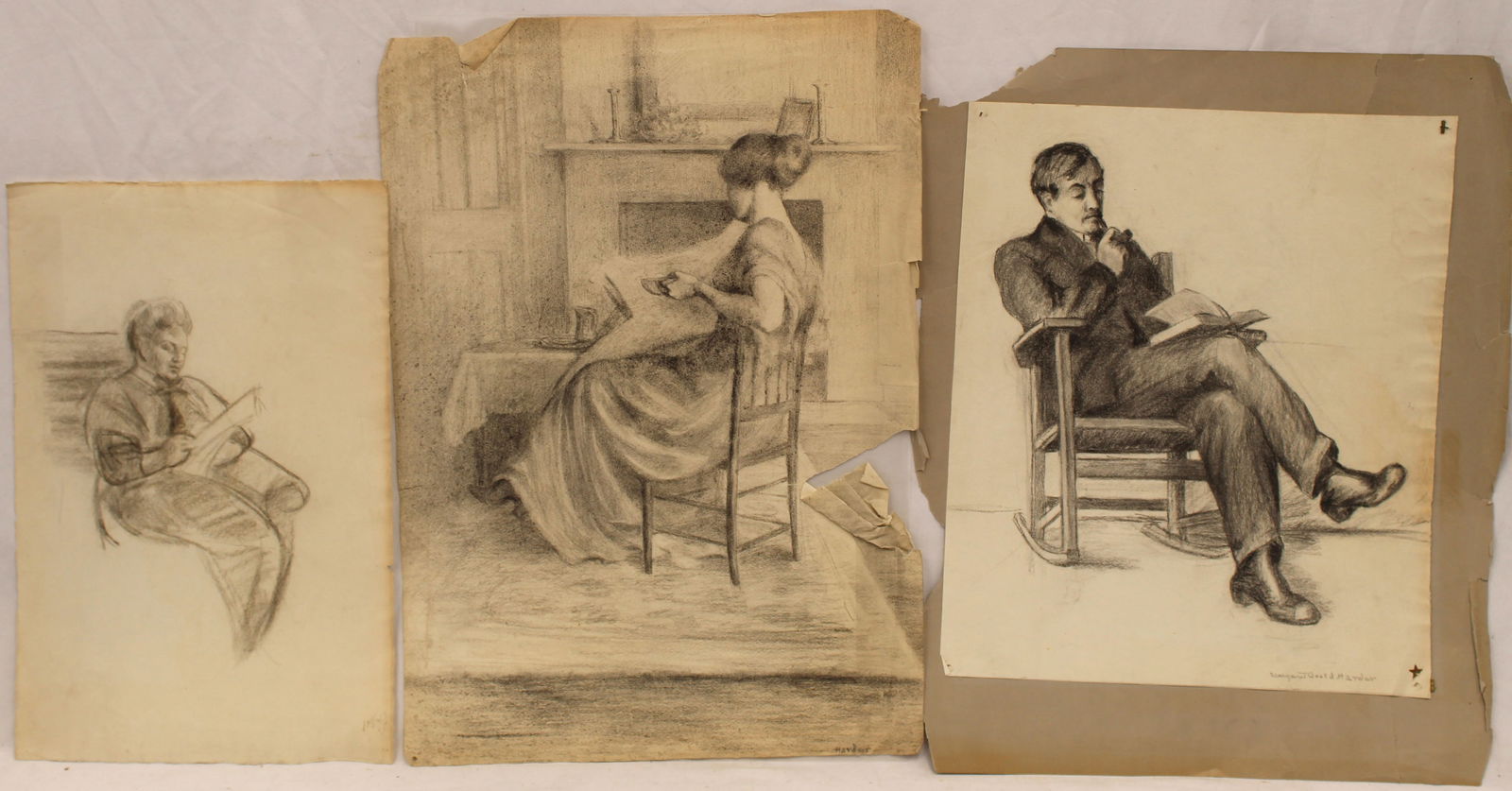 Lot of 3 Margaret Gould Harder charcoal drawings - busts/portraits - 2 signed & 1 initialed unframed (1 of 7)