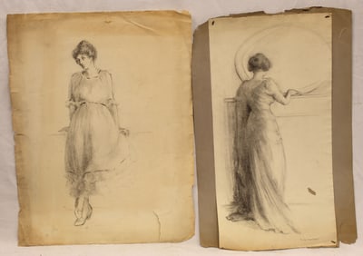 Lot of 2 Margaret Gould Harder pencil sketches of woman - unframed - 24"x12" & 24"x19"