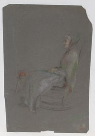 Margaret Gould Harder unsigned pastel & charcoal of a woman knitting in rocker - unframed - 22