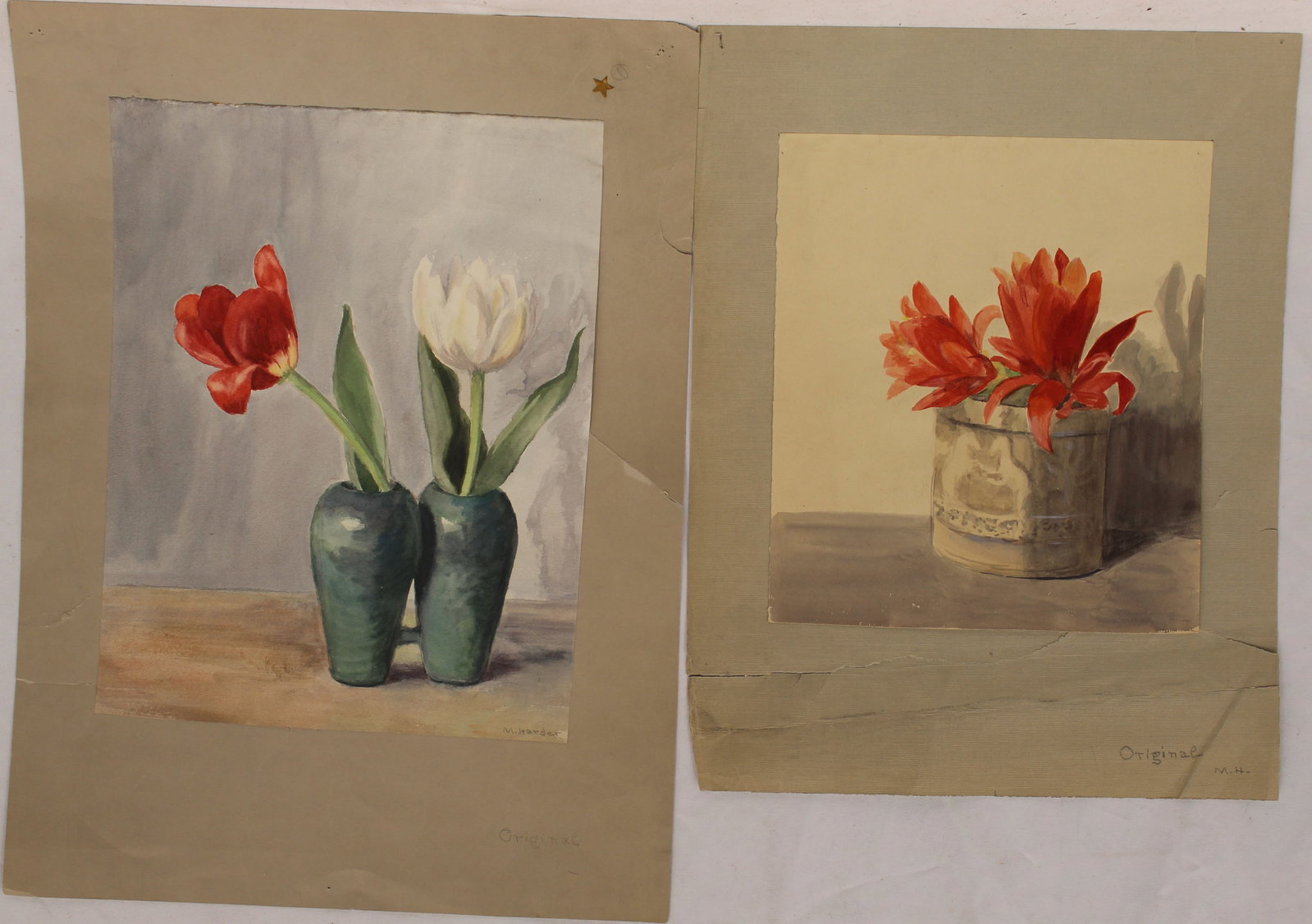 Lot of 2 signed Margaret Gould Harder watercolors of flowers - unframed - 16"x12 1/2" & 19"x14": Lot of 2 signed Margaret Gould Harder watercolors of flowers - unframed - 16"x12 1/2" & 19"x14"