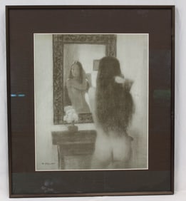 Large print of a woman looking in a mirror - signed in print Stilson 1966 - overall framed size - 32