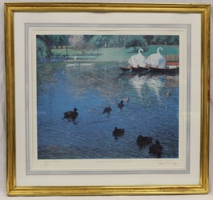 Pencil signed Thomas R Dunlay #'d54/375 print titled "The Ducks in Boston Public Garden" - overall
