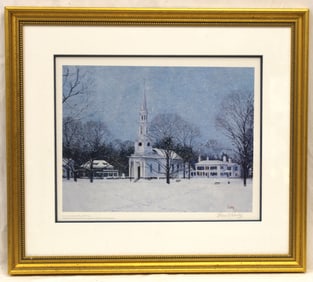 Pencil signed Thomas R Dunlay winter scene of a church - overall framed size 25"x28 1/2"