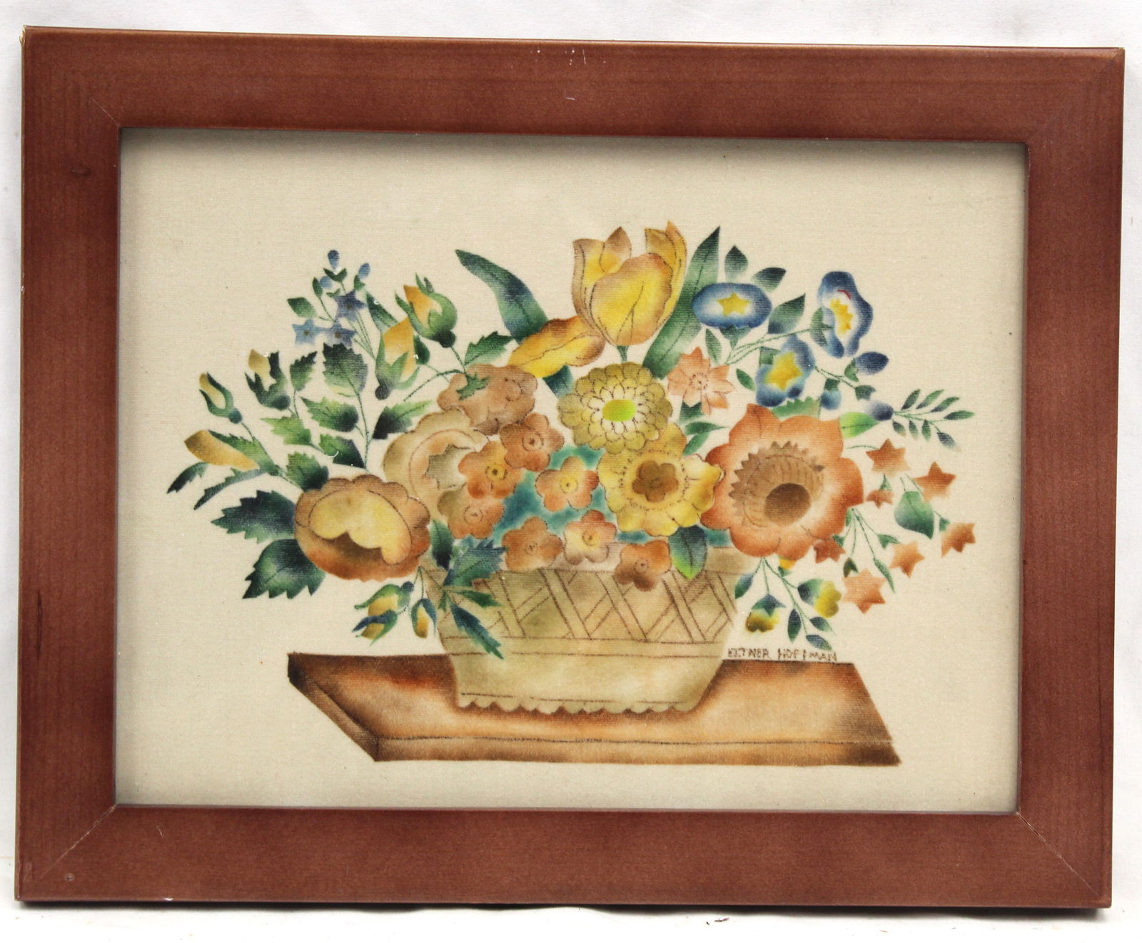Signed Esther Hoffman theorem basket of flowers - antique style - overall framed size 11"x14": Signed Esther Hoffman theorem basket of flowers - antique style - overall framed size 11"x14"