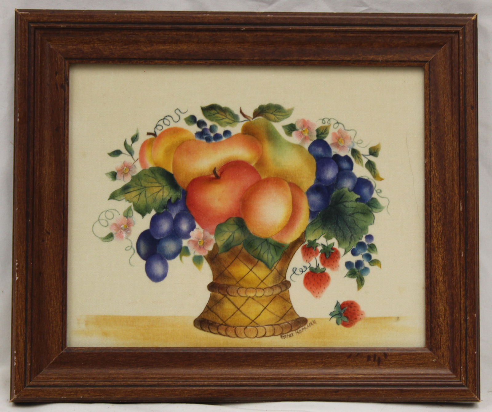 Signed Esther Hoffman theorem basket of fruit - antique style - overall framed size 10 1/2"x12 1/2": Signed Esther Hoffman theorem basket of fruit - antique style - overall framed size 10 1/2"x12 1/2"