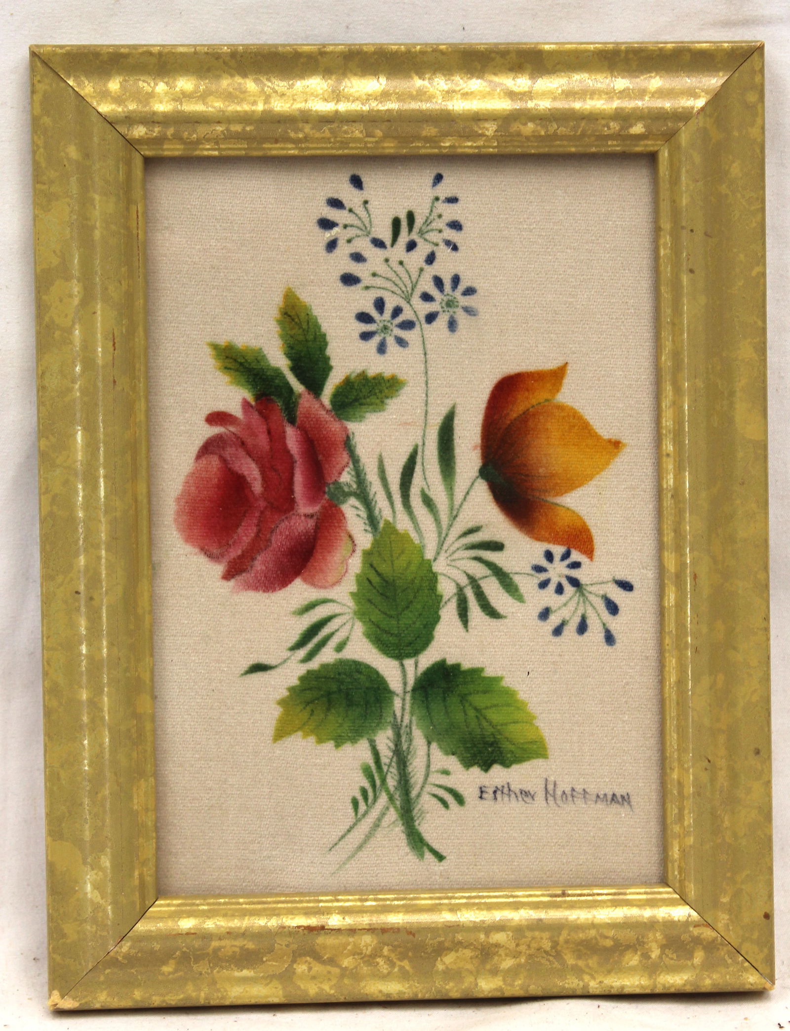 Signed Esther Hoffman theorem of roses - antique style - overall framed size 8 1/2"x6 1/2": Signed Esther Hoffman theorem of roses - antique style - overall framed size 8 1/2"x6 1/2"