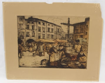 Hand colored etching by Coussens of a Parisian street scene - overall framed size 21 1/4"x25 1/4"