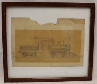 Pencil signed drawing of a locomotive engine - overall framed size 14 3/4"x17"