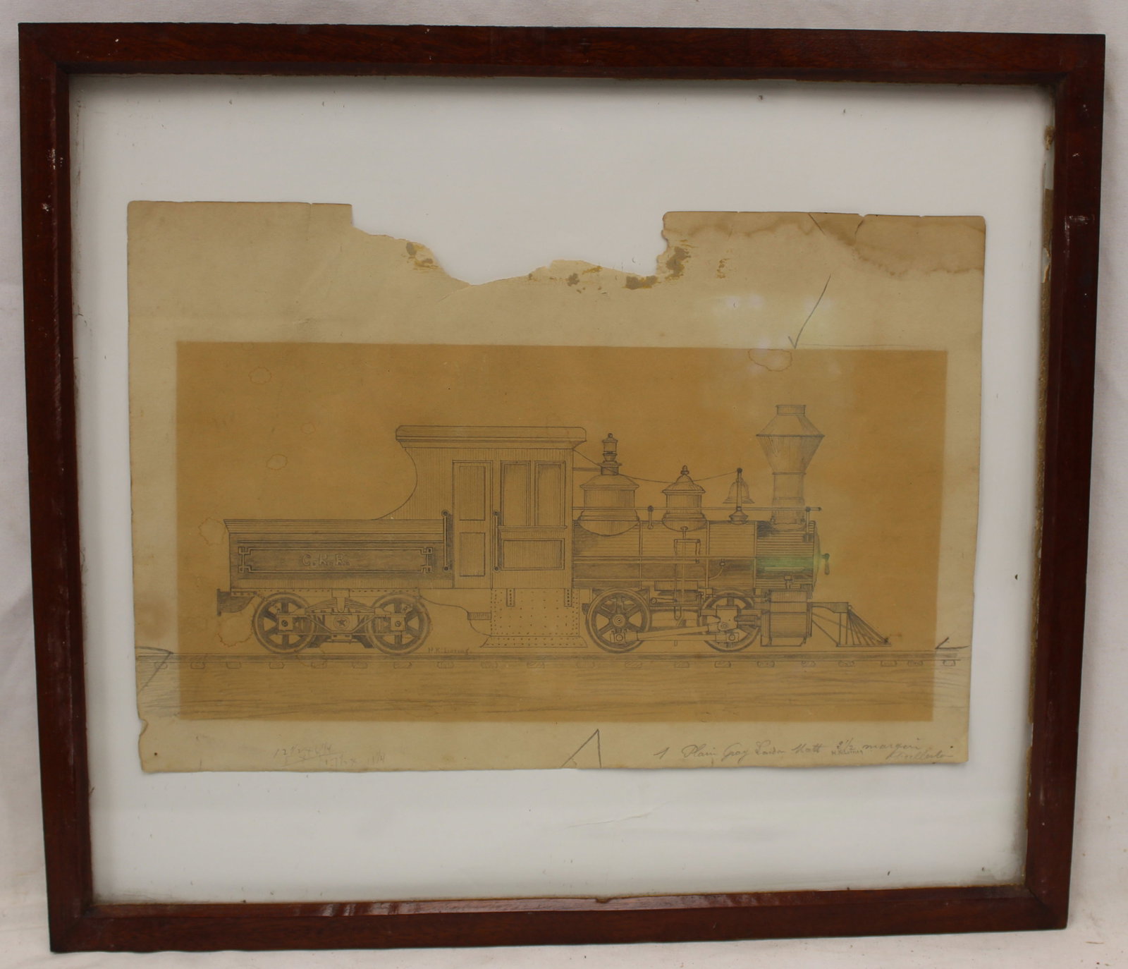 Pencil signed drawing of a locomotive engine - overall framed size 14 3/4"x17": Pencil signed drawing of a locomotive engine - overall framed size 14 3/4"x17"