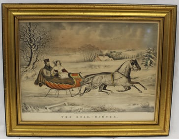 Currier & Ives (reproduction) print "The Road, - Winter" - overall framed size 13"x16 1/2"