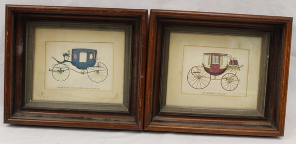 Pair of hand colored prints of carriages titled "C Spring Coach" & "Shifting Quarter Rockaway" in