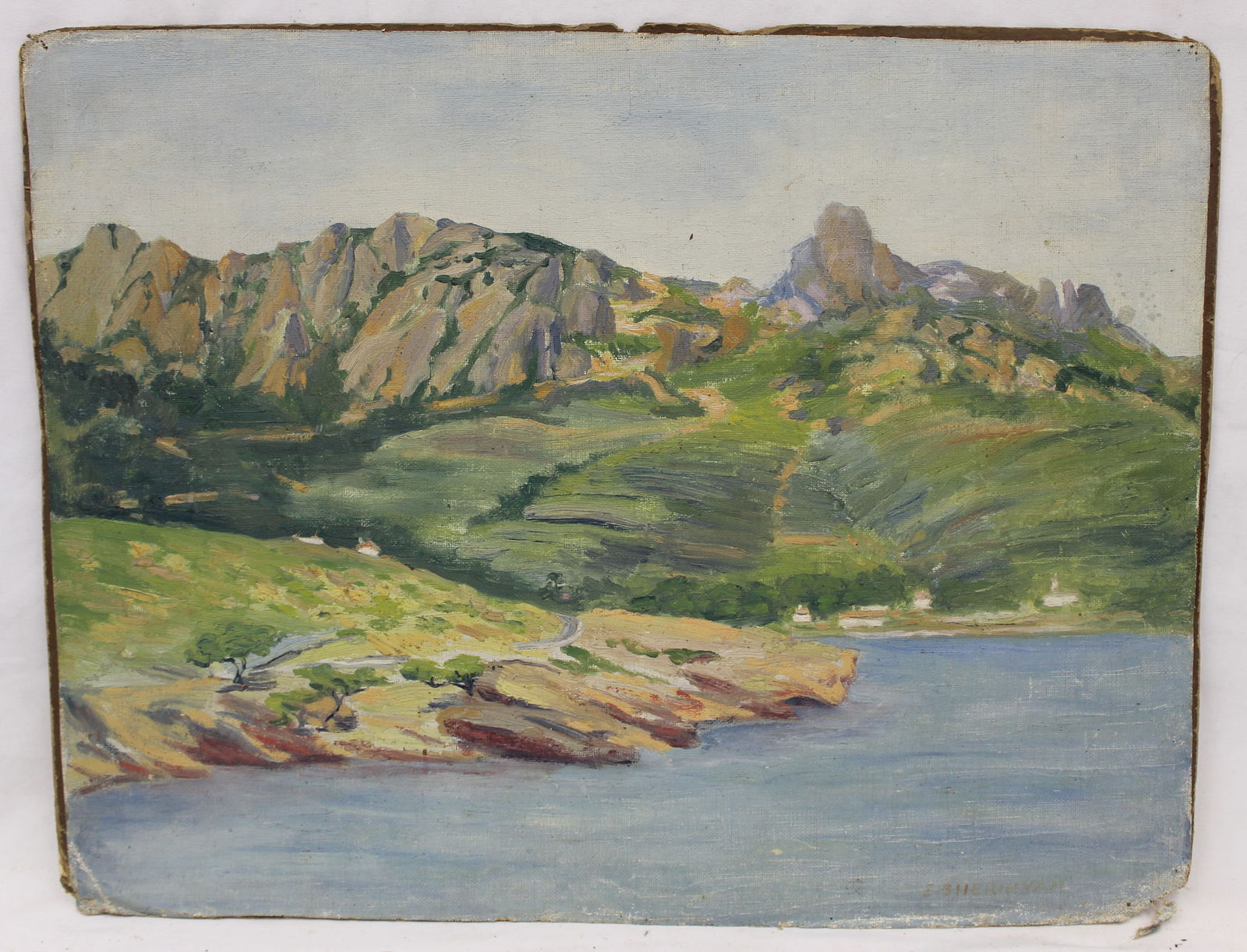 Signed E. Sherman (?) oil on canvas board seascape - unframed - 15 1/2"x20" (1 of 6)