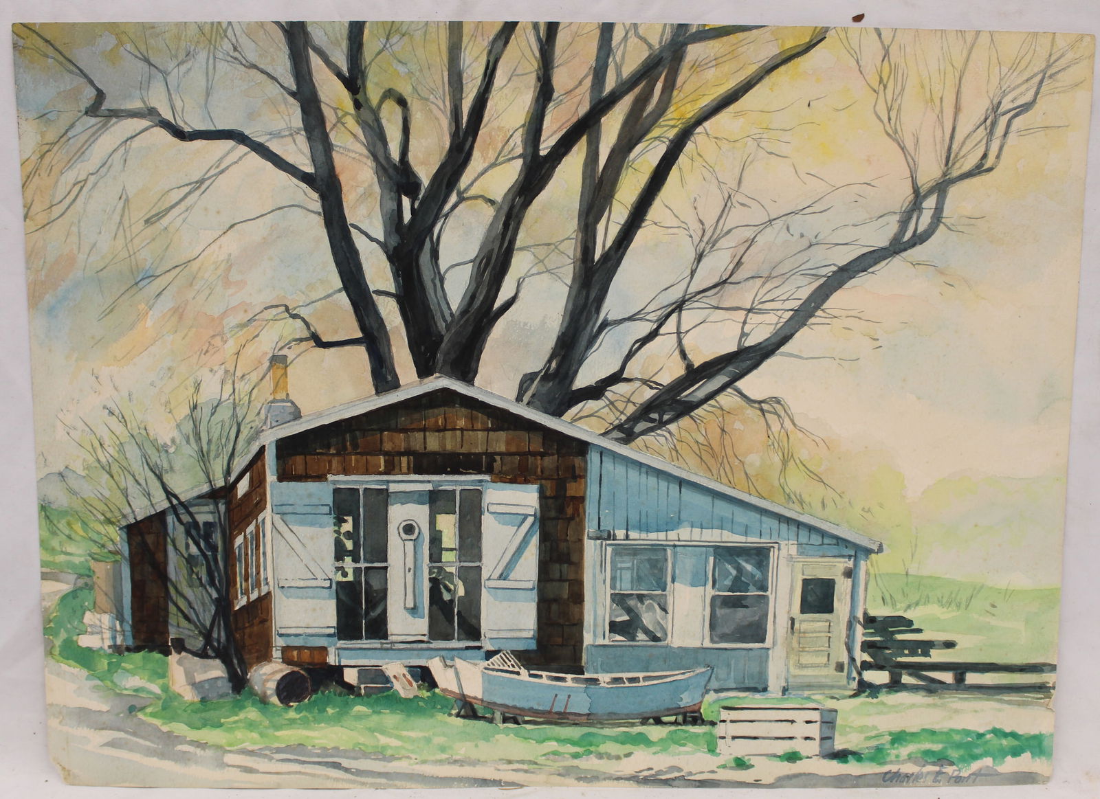 Signed Charles E Pont watercolor of a house with boat - unframed - 19"x25 1/2" (1 of 5)