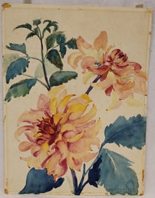 Signed Margaret Ferrer Glass watercolor of flowers - unframed 19 1/2"x15"