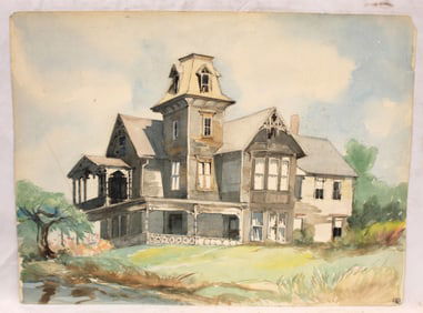 Charles E Pont watercolor of a large home - estate stamped - unframed - 19 1/2"x26"