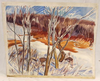 Unsigned oil on canvas winter landscape - unframed - 24"x28 1/2"