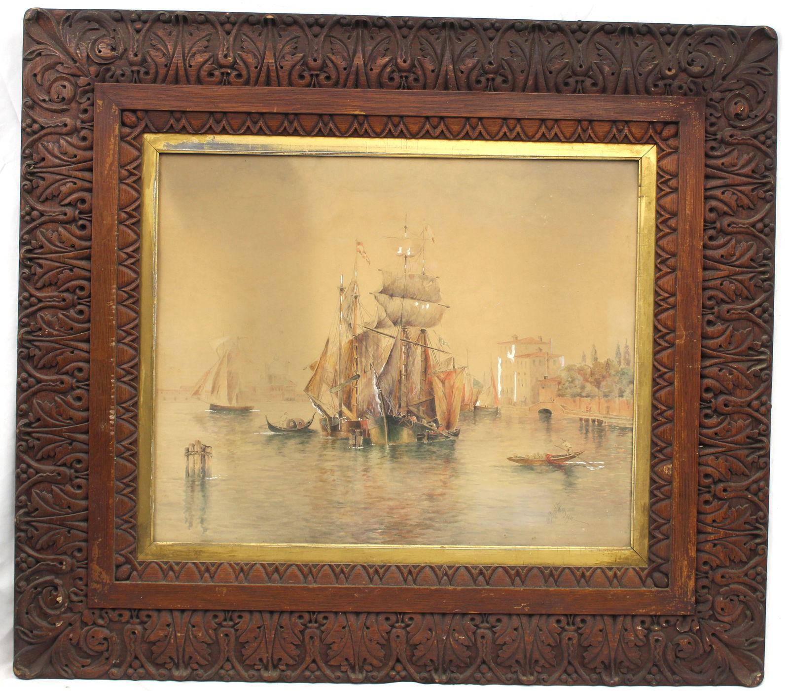 Signed Phillips (?) illegibly watercolor Venetian Harbor scene dated 1911 - overall framed size (1 of 7)