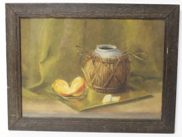 Antique w/c still life of sliced open orange & basket covered pot - overall framed size 12 3/4"x16