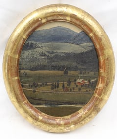 Unsigned oil on board mountain landscape with farm - overall framed size 8"x7" oval