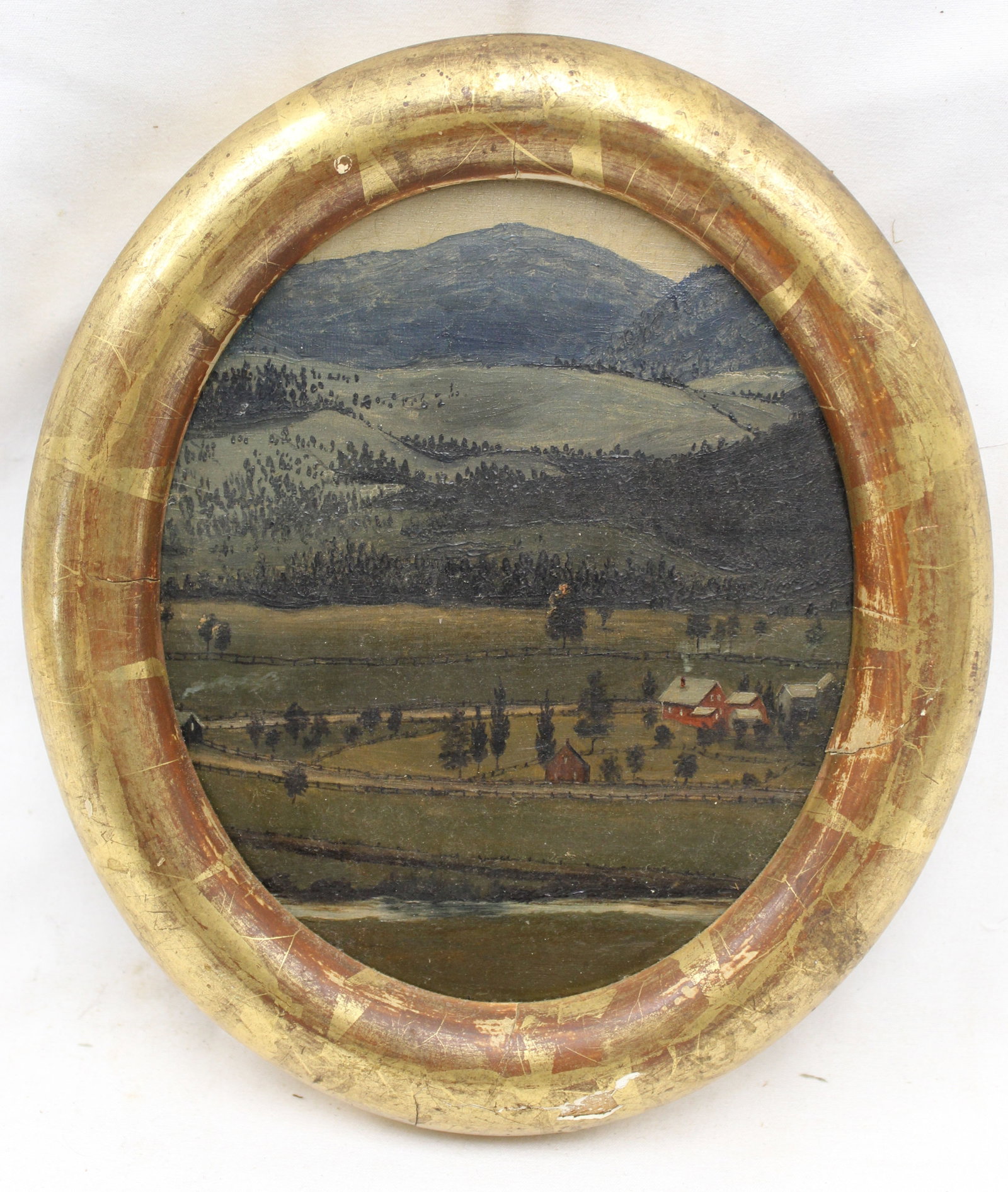 Unsigned oil on board mountain landscape with farm - overall framed size 8"x7" oval: Unsigned oil on board mountain landscape with farm - overall framed size 8"x7" oval