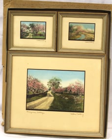 Set of 3 Wallace Nutting original boxed prints - largest is titled "Honeymoon Cottage" - overall