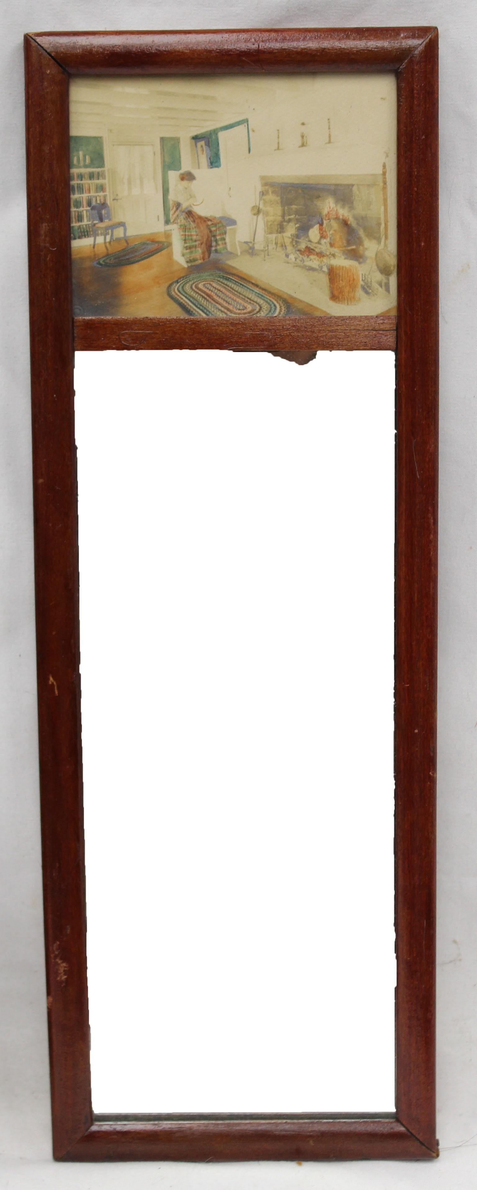 Antique 2 section mirror with Wallace Nutting type print top section - 13 3/4"x4 3/4" (1 of 2)